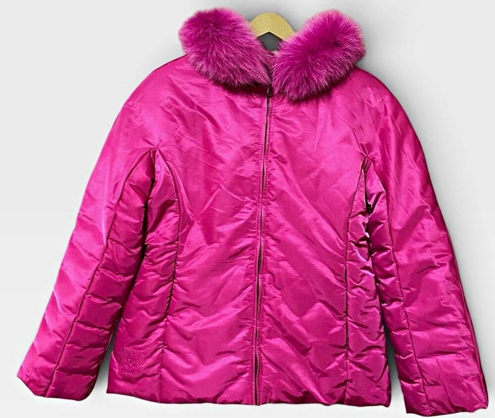 1 Madison Magenta Pink Down Puffer Genuine Fox Fur Collar Winter Glam M NWT